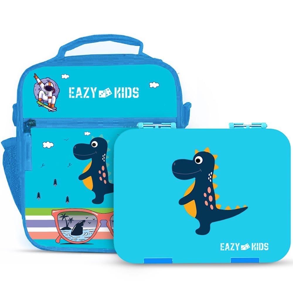 Eazy Kids - 6 Compartment Bento Lunch Box w/ Lunch Bag - Dinosaur Blue