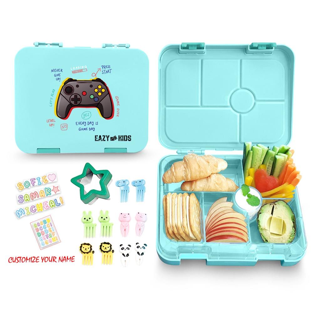 Eazy Kids - 6 Compartment Bento Lunch Box w/ Lunch Bag - Blue