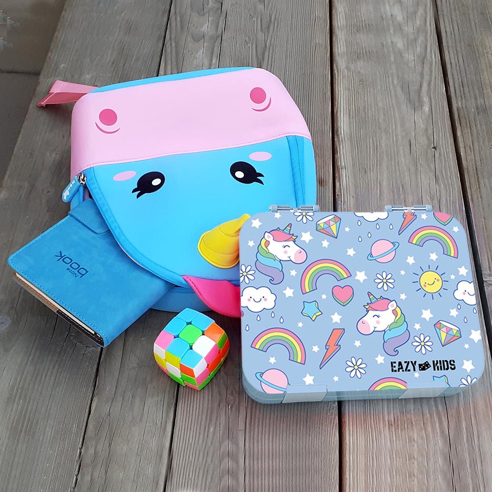 Eazy Kids - 4 Compartment Bento Lunch Box w/ Lunch Bag - Unicorn Pink