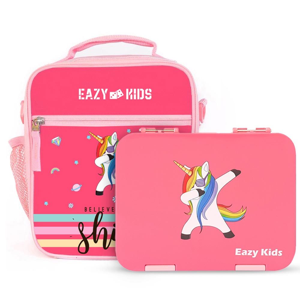 Eazy Kids - 6 Compartment Bento Lunch Box w/ Lunch Bag - Unicorn Pink