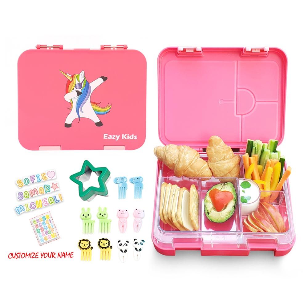 Eazy Kids - 6 Compartment Bento Lunch Box w/ Lunch Bag - Unicorn Pink