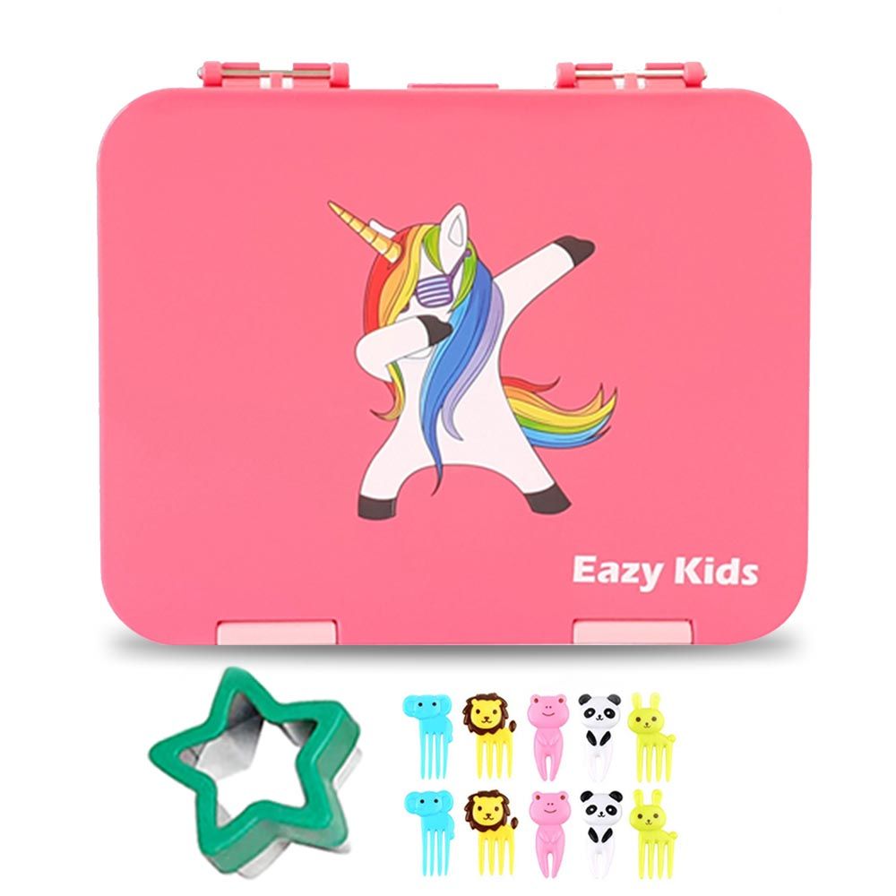 Eazy Kids - 6 Compartment Bento Lunch Box w/ Lunch Bag - Unicorn Pink