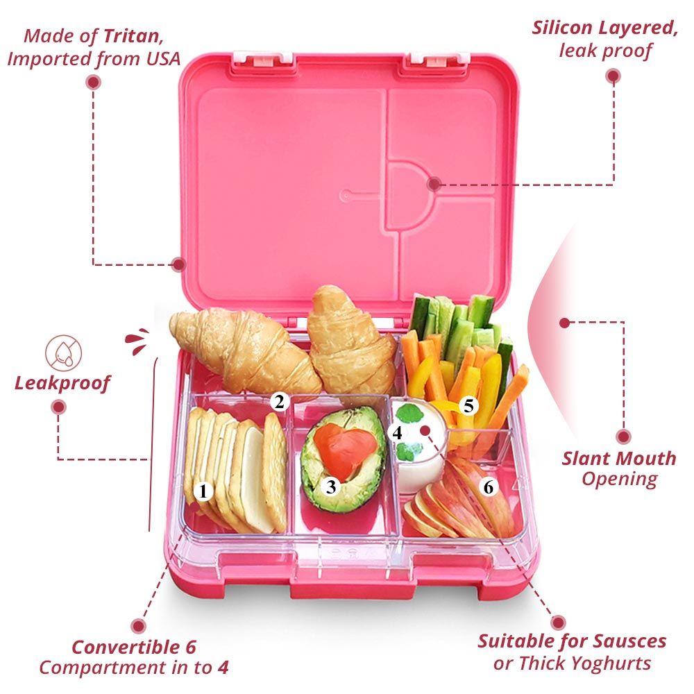 Eazy Kids - 6 Compartment Bento Lunch Box w/ Lunch Bag - Unicorn Pink