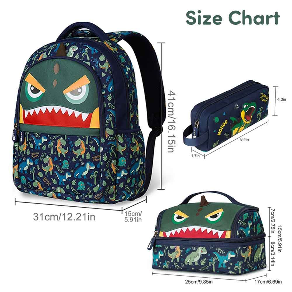 Nohoo - Dino Backpack With Lunch Bag And Pencil Case - Green - 3pcs - 16.15-Inch