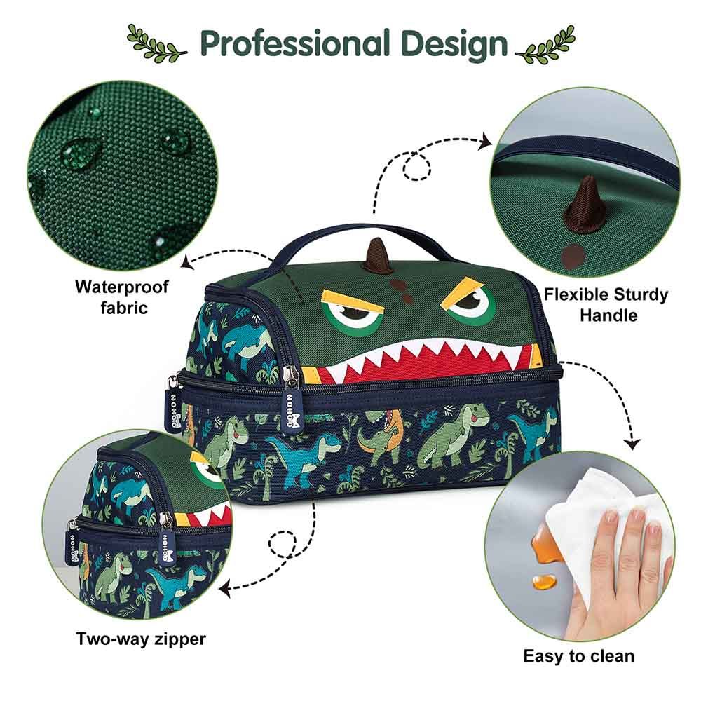 Nohoo - Dino Backpack With Lunch Bag And Pencil Case - Green - 3pcs - 16.15-Inch