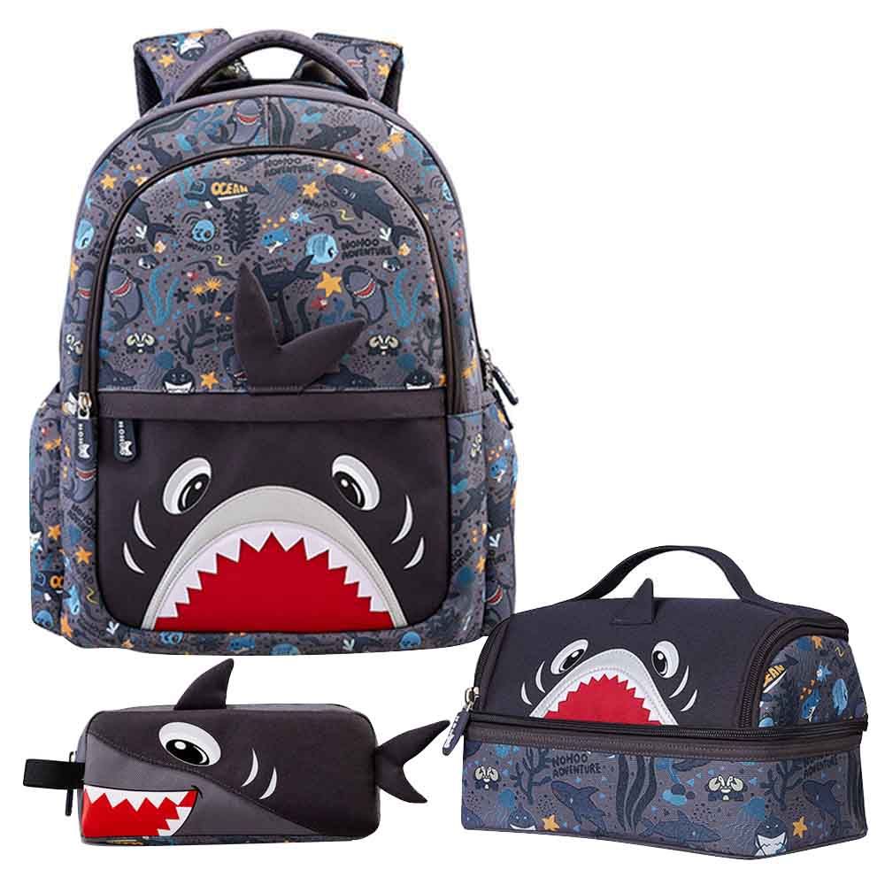 Nohoo - Shark Backpack With Lunch Bag And Pencil Case - Grey - 3pcs - 16.15-Inch