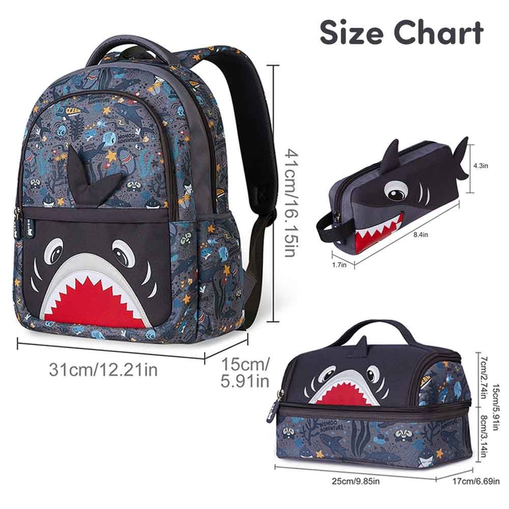 Nohoo - Shark Backpack With Lunch Bag And Pencil Case - Grey - 3pcs - 16.15-Inch