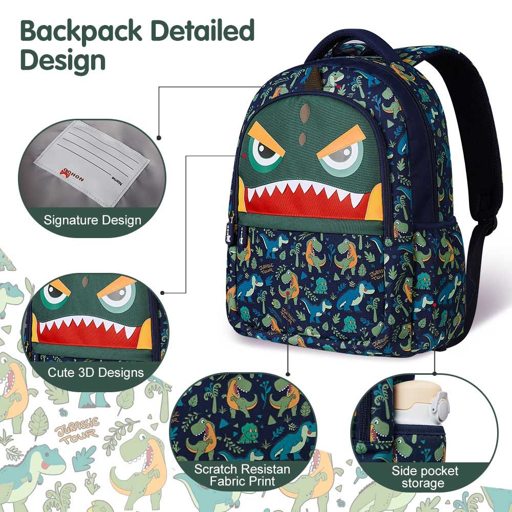 Nohoo - Dino School Backpack With Handbag - Green - 16-inch