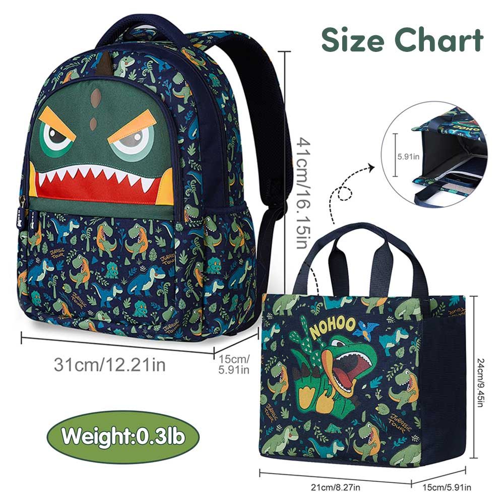 Nohoo - Dino School Backpack With Handbag - Green - 16-inch