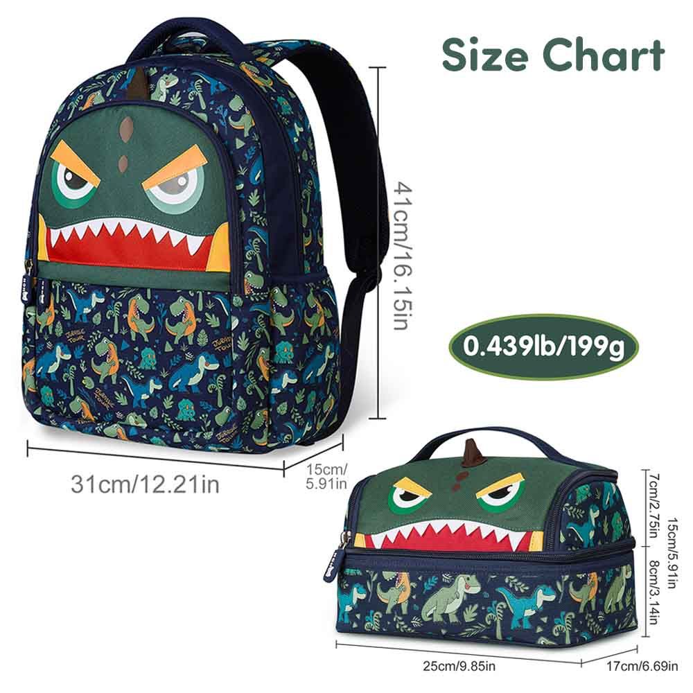 Nohoo - Dino School Backpack With Lunch Bag - Green - 16-inch