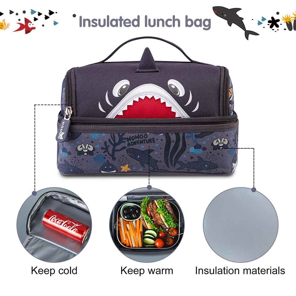 Nohoo - Shark School Backpack With Lunch Bag - Grey - 16-inch