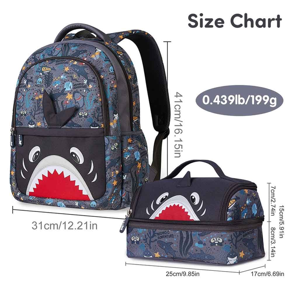 Nohoo - Shark School Backpack With Lunch Bag - Grey - 16-inch