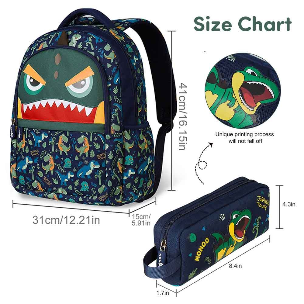 Nohoo - Dino School Backpack With Pencil Case - Green - 16-inch