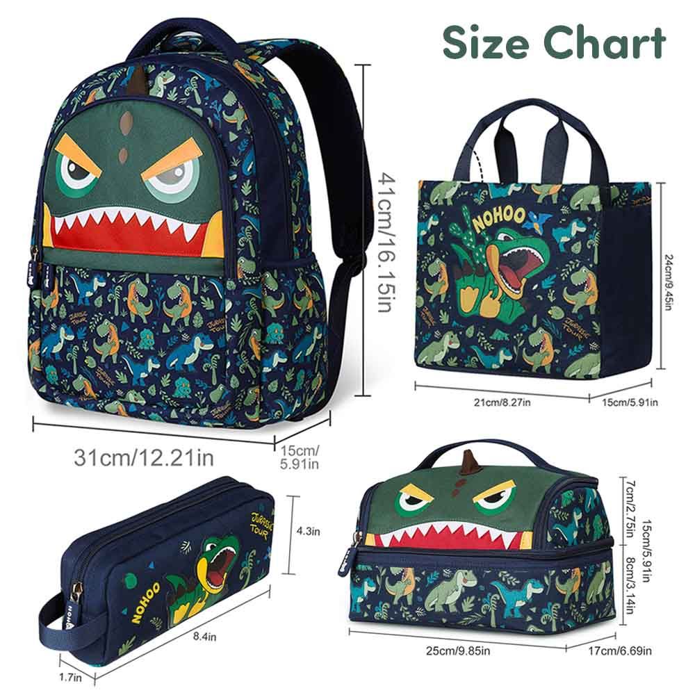 Nohoo - Dino Backpack With Lunch Bag Handbag And Pencil Case - Green - 4pcs - 16.15-Inch