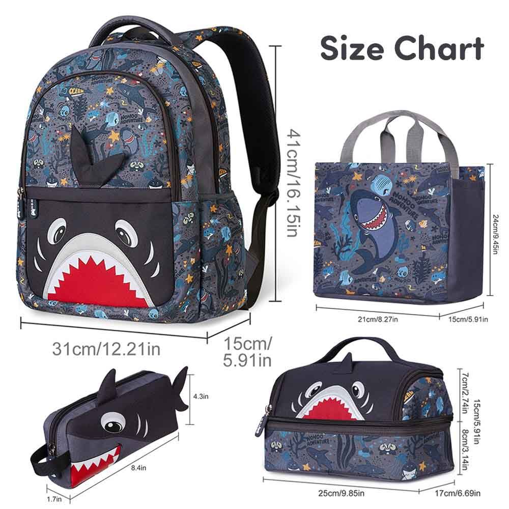 Nohoo - Shark Backpack With Lunch Bag Handbag And Pencil Case - Grey - 4pcs - 16.15-Inch