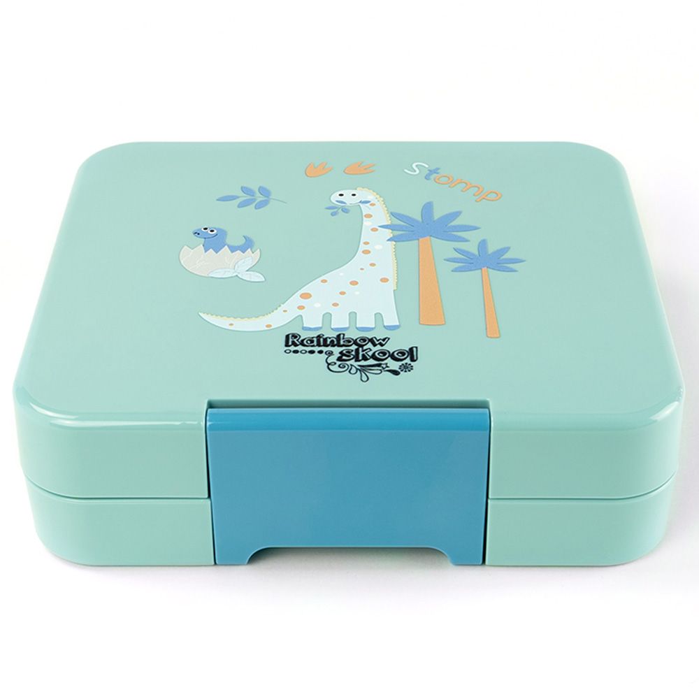 Rainbow Skool - Blue Dinosaur 4 Compartment Mini Lunchbox W/ Dinosaur Straw Kids Water Bottle 450ml