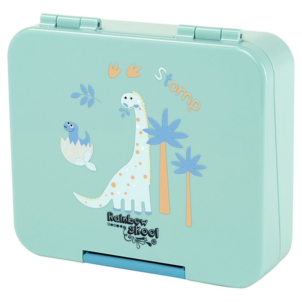 Rainbow Skool - Blue Dinosaur 4 Compartment Mini Lunchbox W/ Dinosaur Straw Kids Water Bottle 450ml