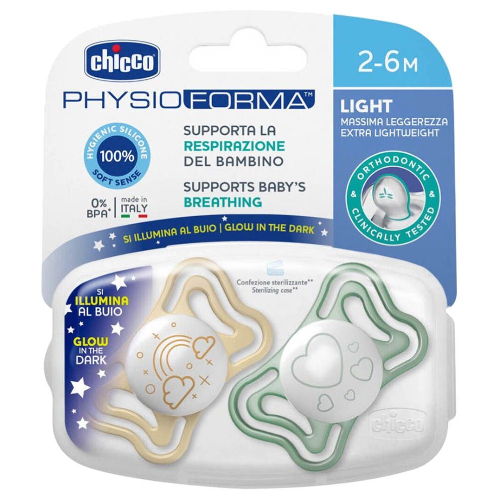 Chicco - PhysioForma Light Silicone Soother 2-6m - Glow/Lumi - Pack of 2