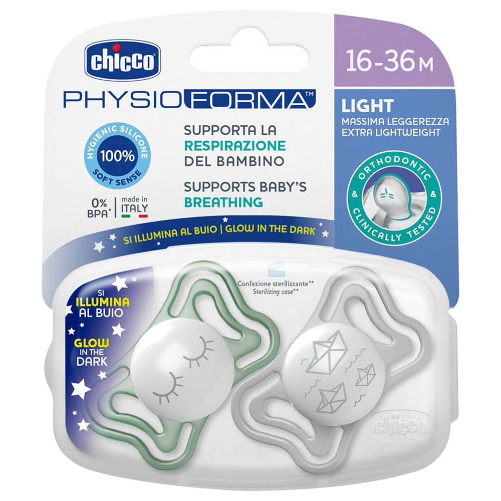 Chicco - PhysioForma Light Silicone Soother 16-36m - Glow/Lumi - Pack of 2