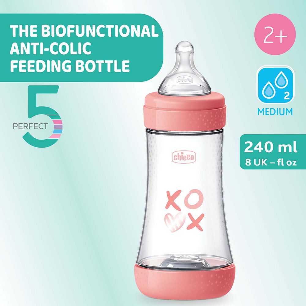 Chicco - Perfect 5 Medium Flow Feeding Bottle - Pink - 240 ml