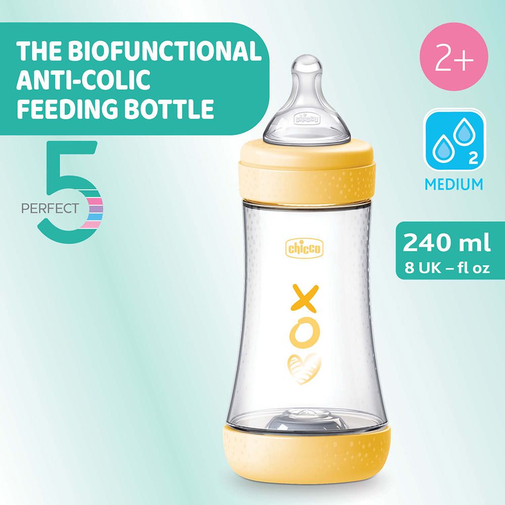 Chicco - Perfect 5 Medium Flow Feeding Bottle - Yellow - 240 ml