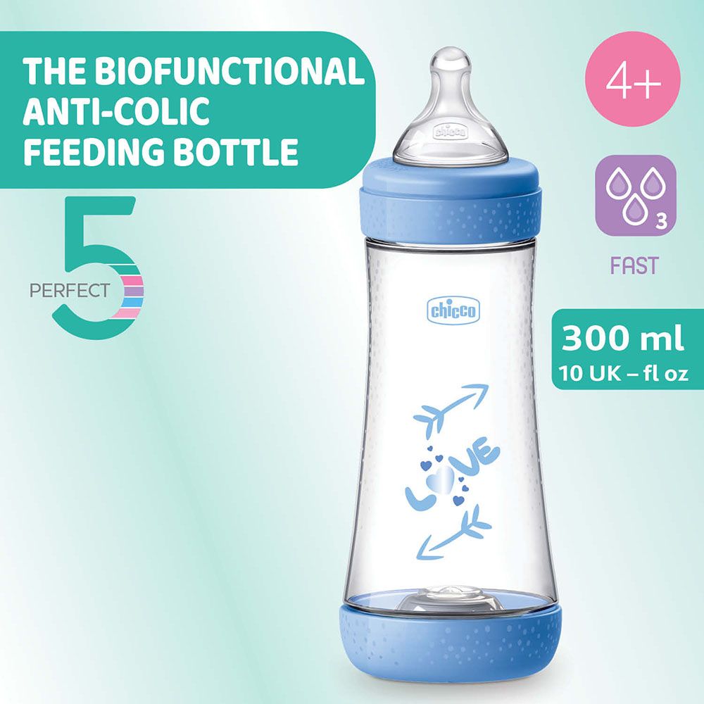 Chicco - Perfect 5 Fast Flow Feeding Bottle - Blue - 300 ml