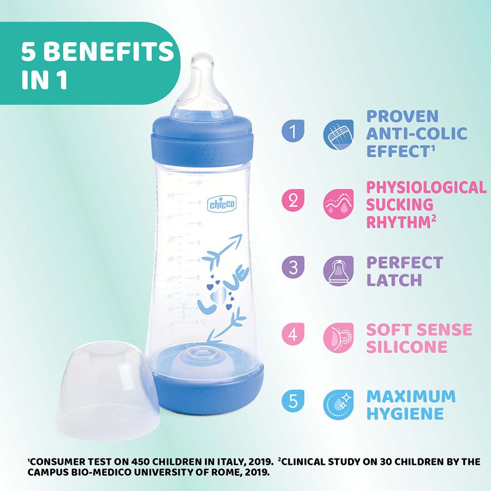 Chicco - Perfect 5 Fast Flow Feeding Bottle - Blue - 300 ml