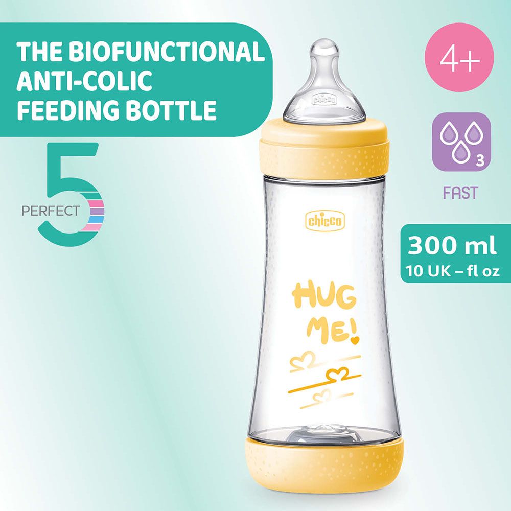 Chicco - Perfect 5 Fast Flow Feeding Bottle - Yellow - 300 ml