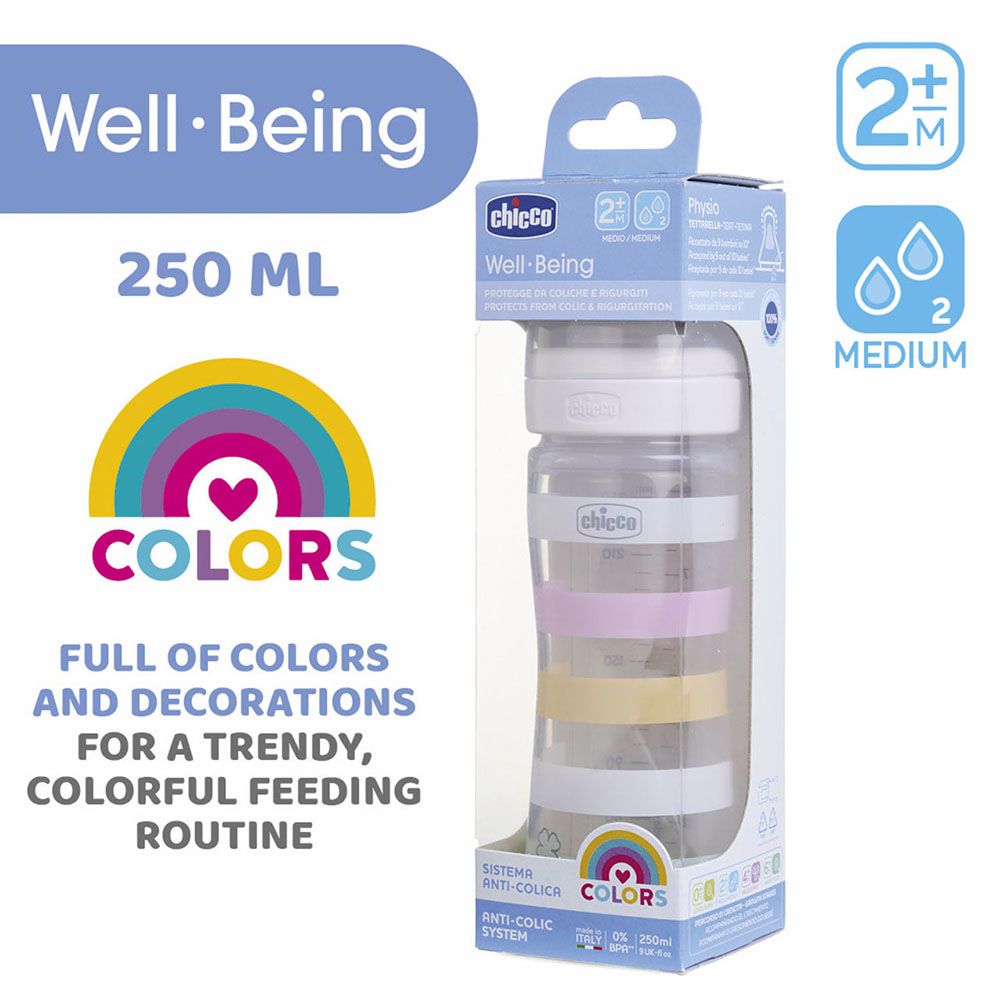 Chicco - Well-Being Plastic Medium Flow Feeding Bottle - White - 250 ml