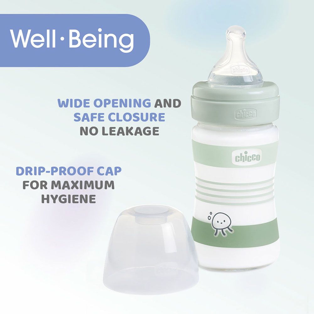 Chicco - Well-Being Glass Slow Flow Feeding Bottle - Green - 150 ml