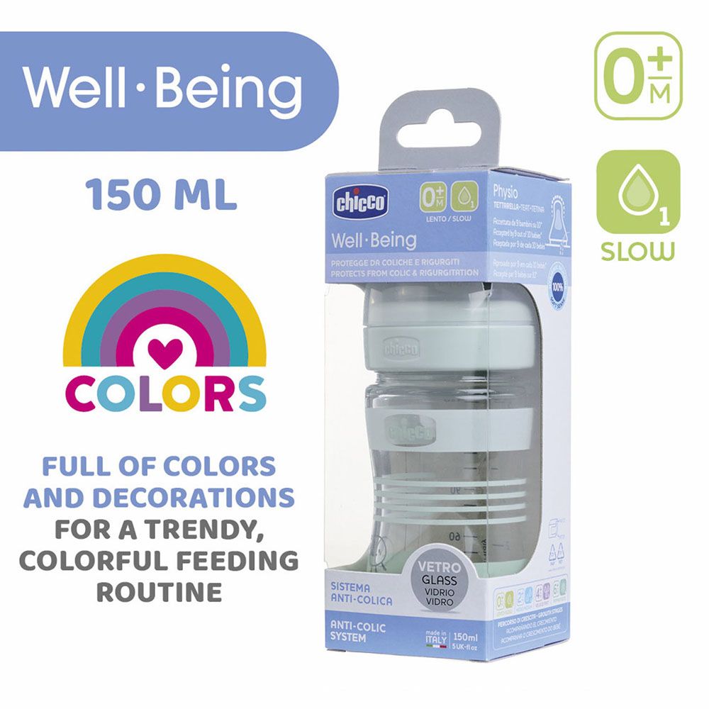 Chicco - Well-Being Glass Slow Flow Feeding Bottle - Green - 150 ml