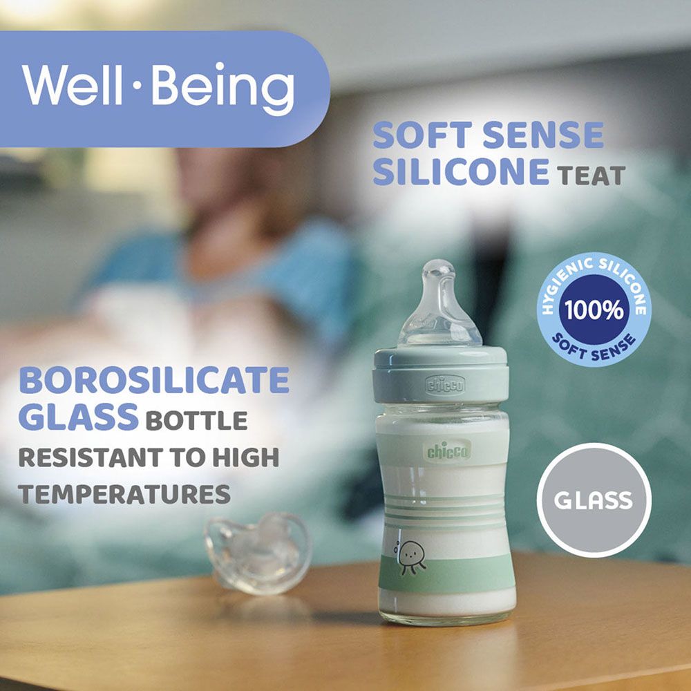 Chicco - Well-Being Glass Slow Flow Feeding Bottle - Green - 150 ml