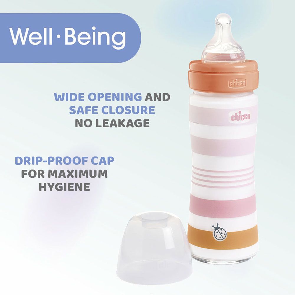 Chicco - Well-Being Glass Slow Flow Feeding Bottle - Pink - 240 ml