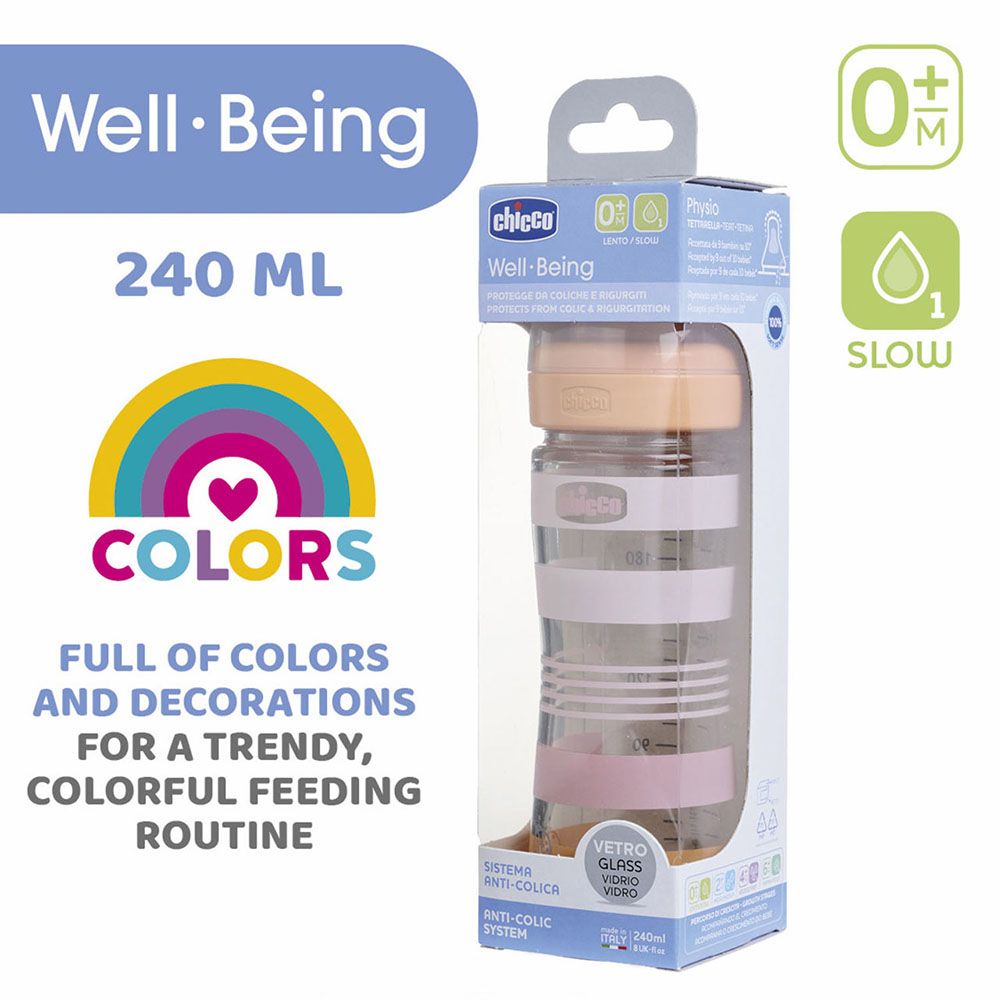 Chicco - Well-Being Glass Slow Flow Feeding Bottle - Pink - 240 ml