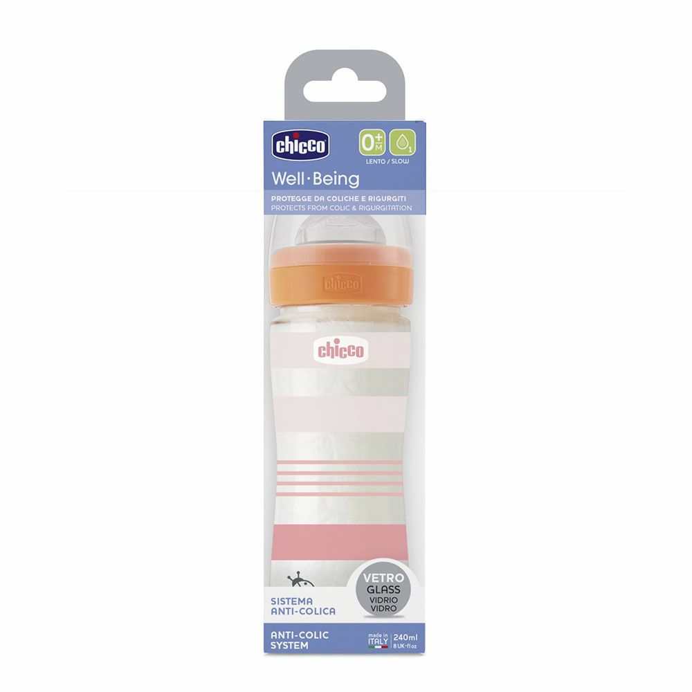 Chicco - Well-Being Glass Slow Flow Feeding Bottle - Pink - 240 ml