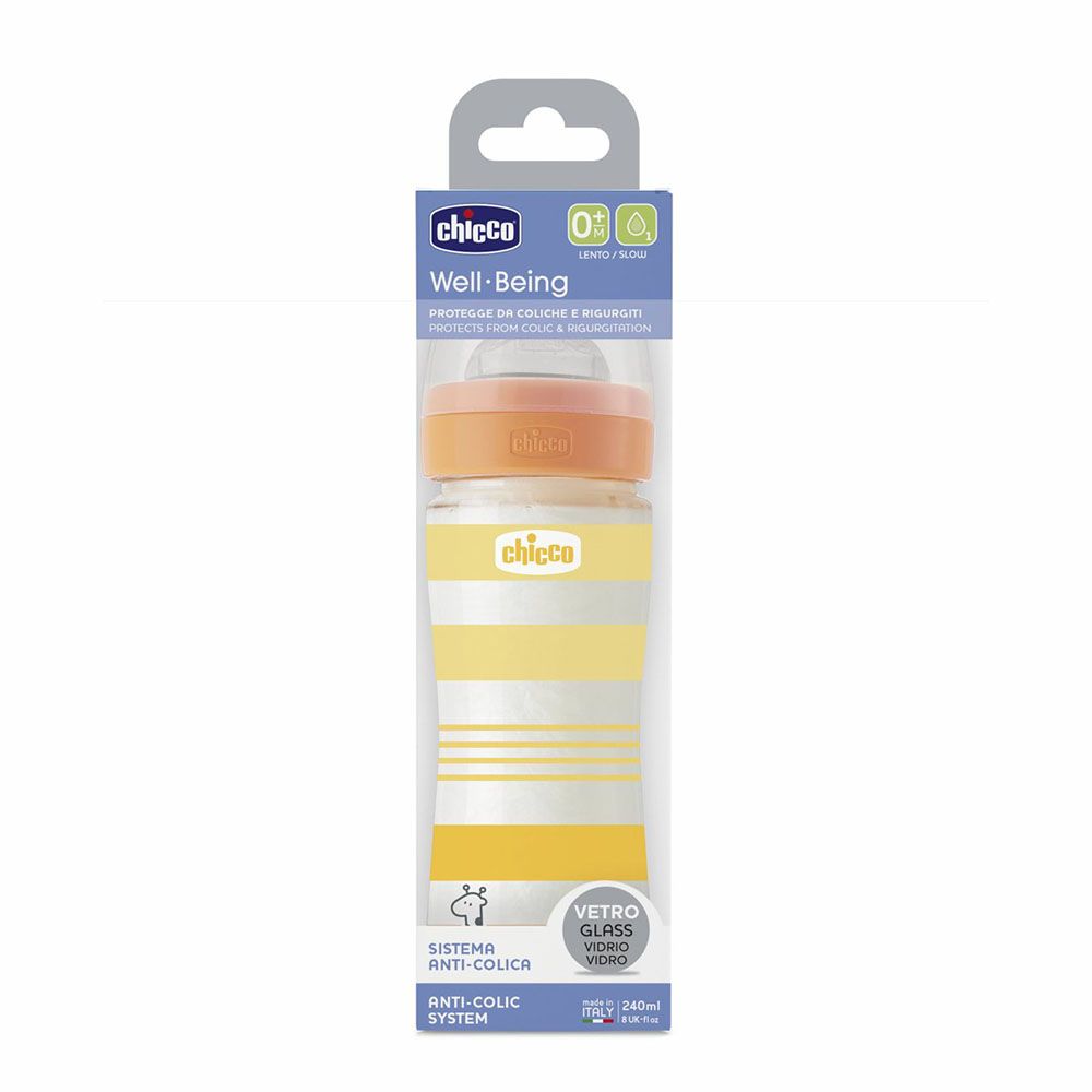 Chicco - Well-Being Glass Slow Flow Feeding Bottle - Yellow - 240 ml