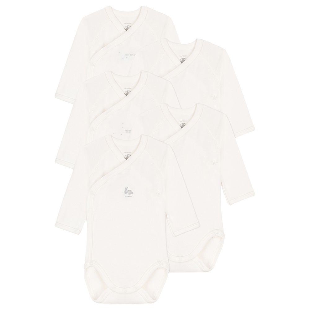 Petit Bateau - Long Sleeves Wrapover Cotton Bodysuits - 5-Pack - White