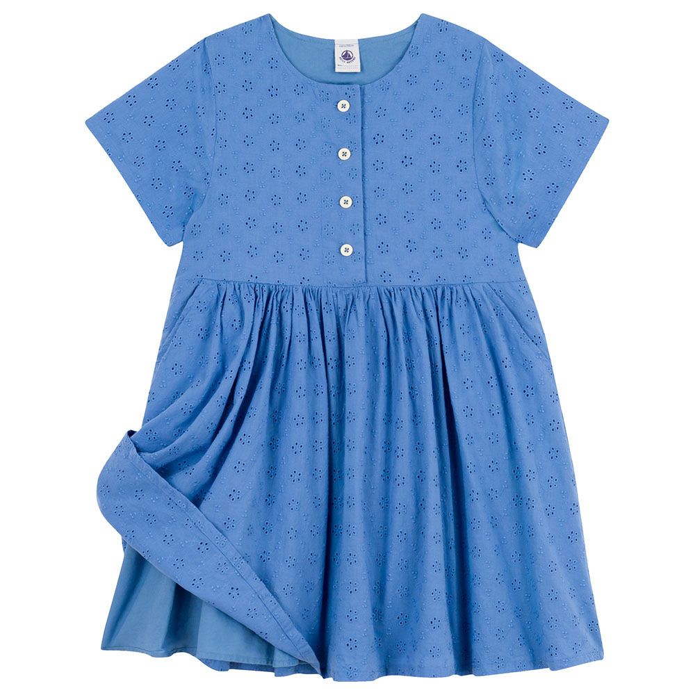 Petit Bateau - Girl's Short Sleeves Broderie Anglaise Dress - Blue