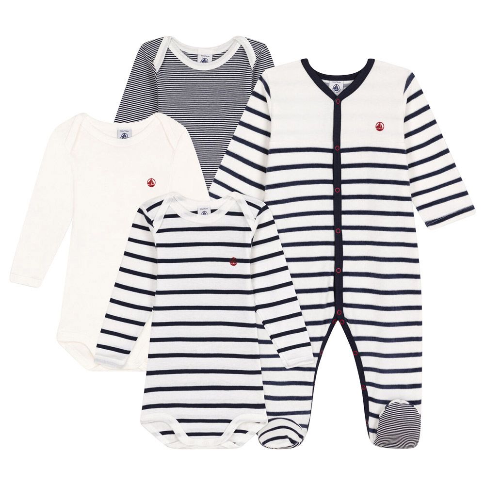 Petit Bateau - 4pc-Set - Baby's Sleepsuit And Stripy Bodysuits