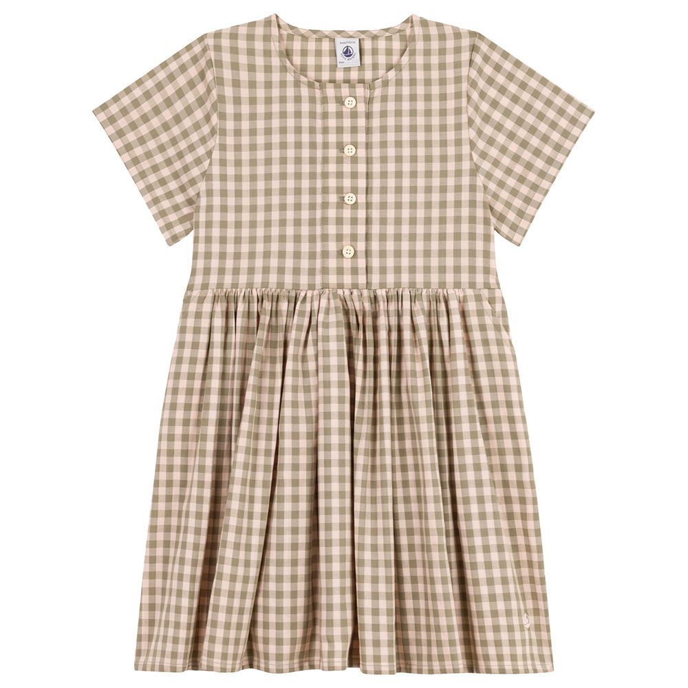 Petit Bateau - Girl's Short-Sleeves Checkered Dress - Beige