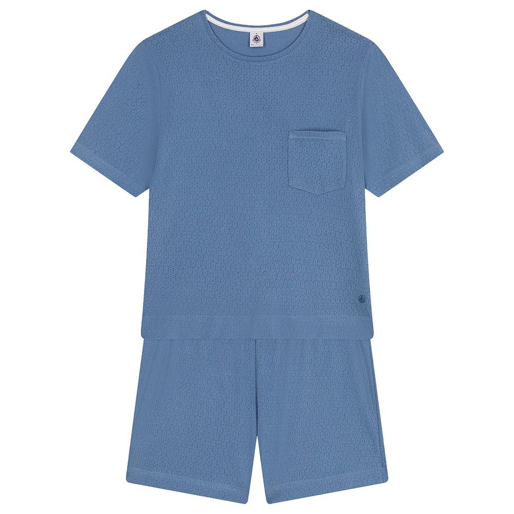 Petit Bateau - Women's Openwork Cotton Pyjama Shorts And Shirt Set - Blue