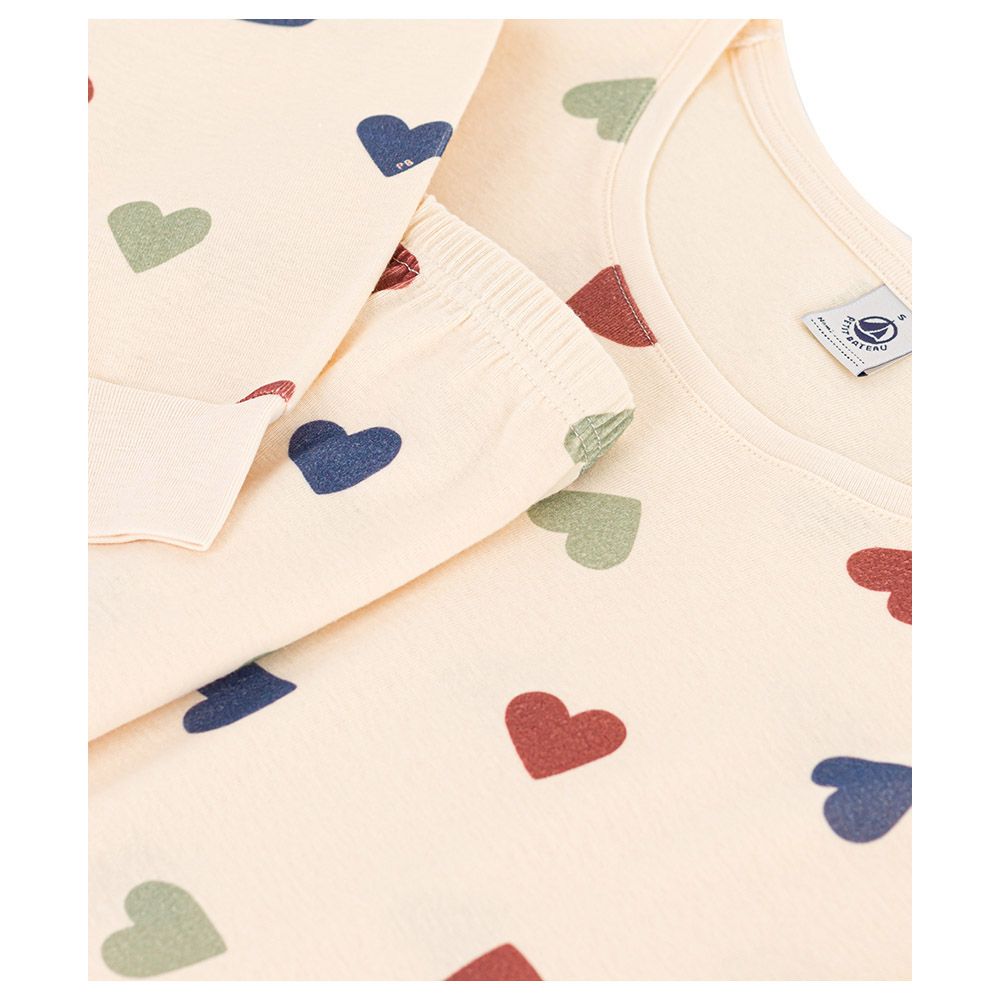 Petit Bateau - 2pc-Set - Girl's Heart-Pattern Cotton Pajama Set - Beige