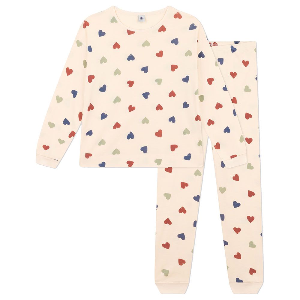 Petit Bateau - 2pc-Set - Girl's Heart-Pattern Cotton Pajama Set - Beige