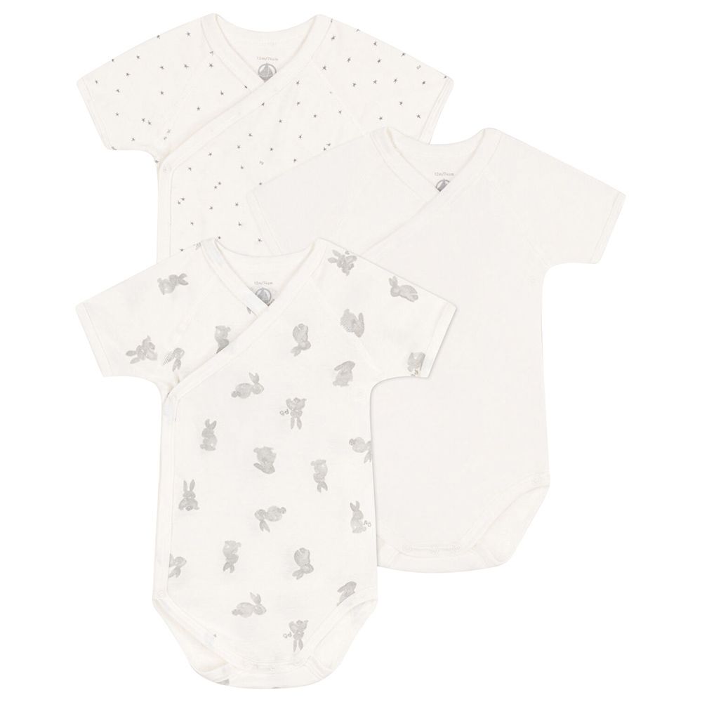 Petit Bateau - 3pc-Set - Wrapover Short Sleeves Rabbit Themed Bodysuits - White