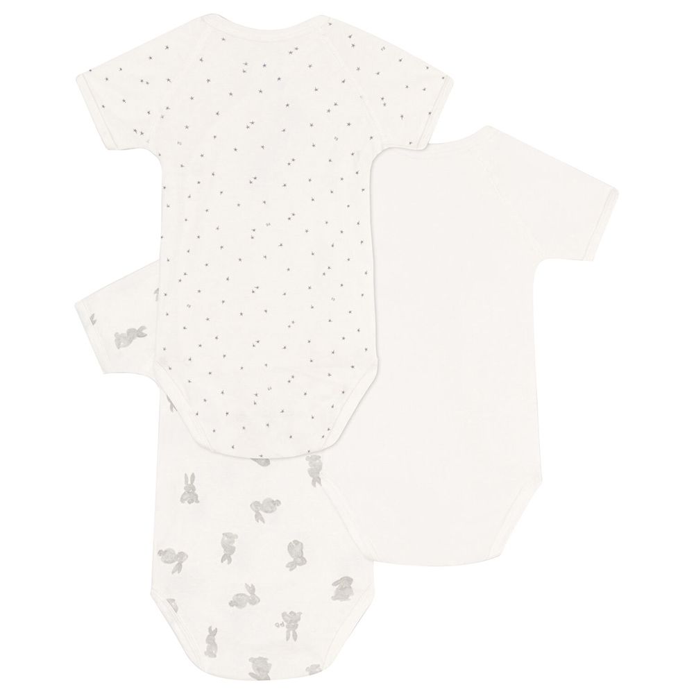 Petit Bateau - 3pc-Set - Wrapover Short Sleeves Rabbit Themed Bodysuits - White