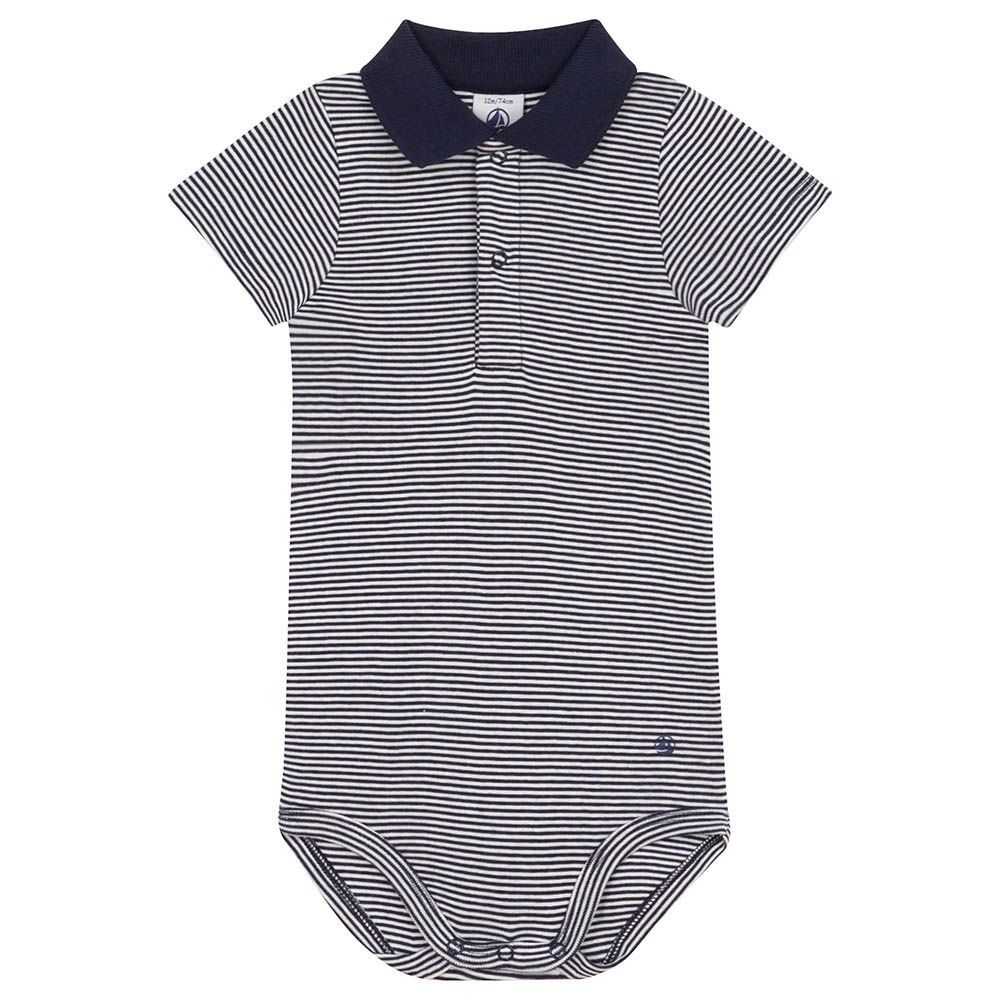 Petit Bateau - Short Sleeves Stripy Polo Collar Cotton Bodysuit - Blue/White