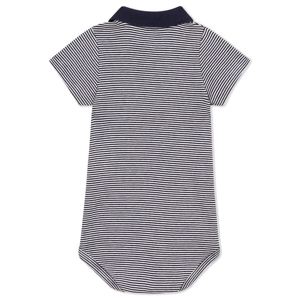 Petit Bateau - Short Sleeves Stripy Polo Collar Cotton Bodysuit - Blue/White