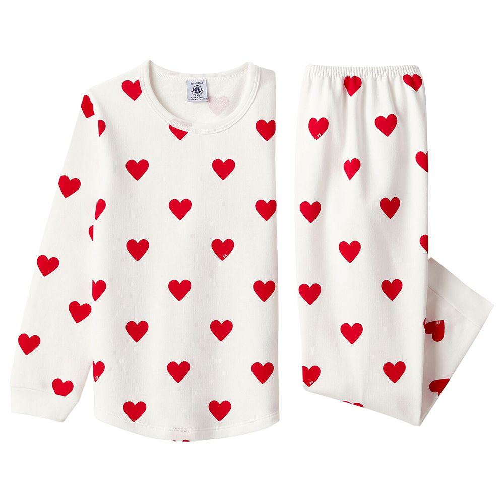 Petit Bateau - 2pc-Set - Girl's Hearts Print Fleece Pyjama Set - White