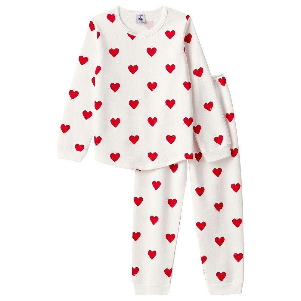 Petit Bateau - 2pc-Set - Girl's Hearts Print Fleece Pyjama Set - White