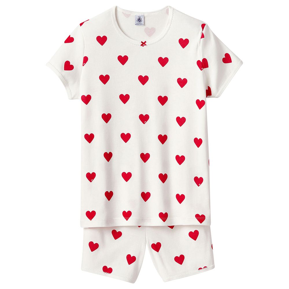 Petit Bateau - 2pc-Set - Girl's Heart Print Cotton Short Pyjama Set - White